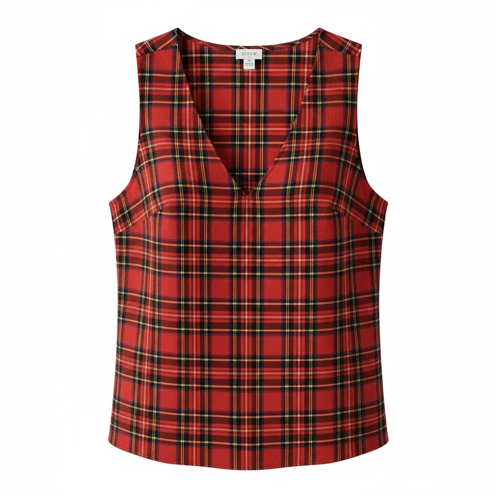 J Crew Outlet Tank Top Sz M Red Tartan Plaid Sleeveless V-Neck Preppy Layering